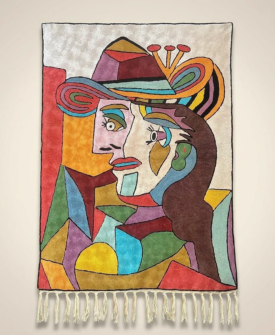 Lady in Red — hand-embroidered viscose silk wall tapestry by Aruha Atelier