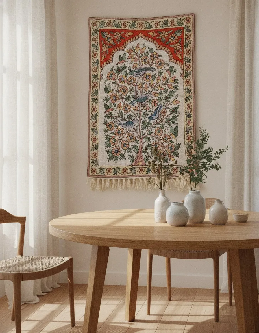 Blue Bower — hand-embroidered viscose silk tapestry by Aruha Atelier