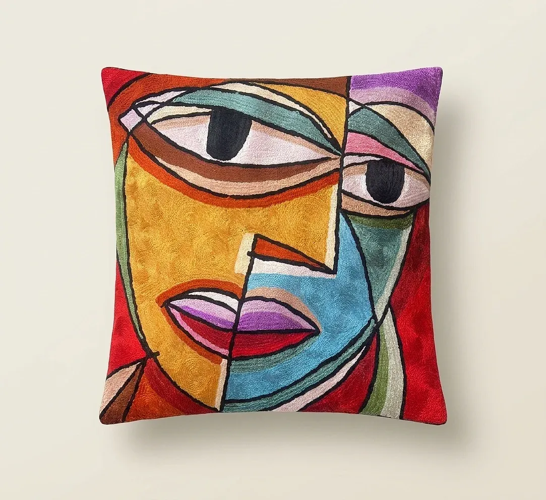 Cubist Face — hand-embroidered viscose silk tapestry by Aruha Atelier