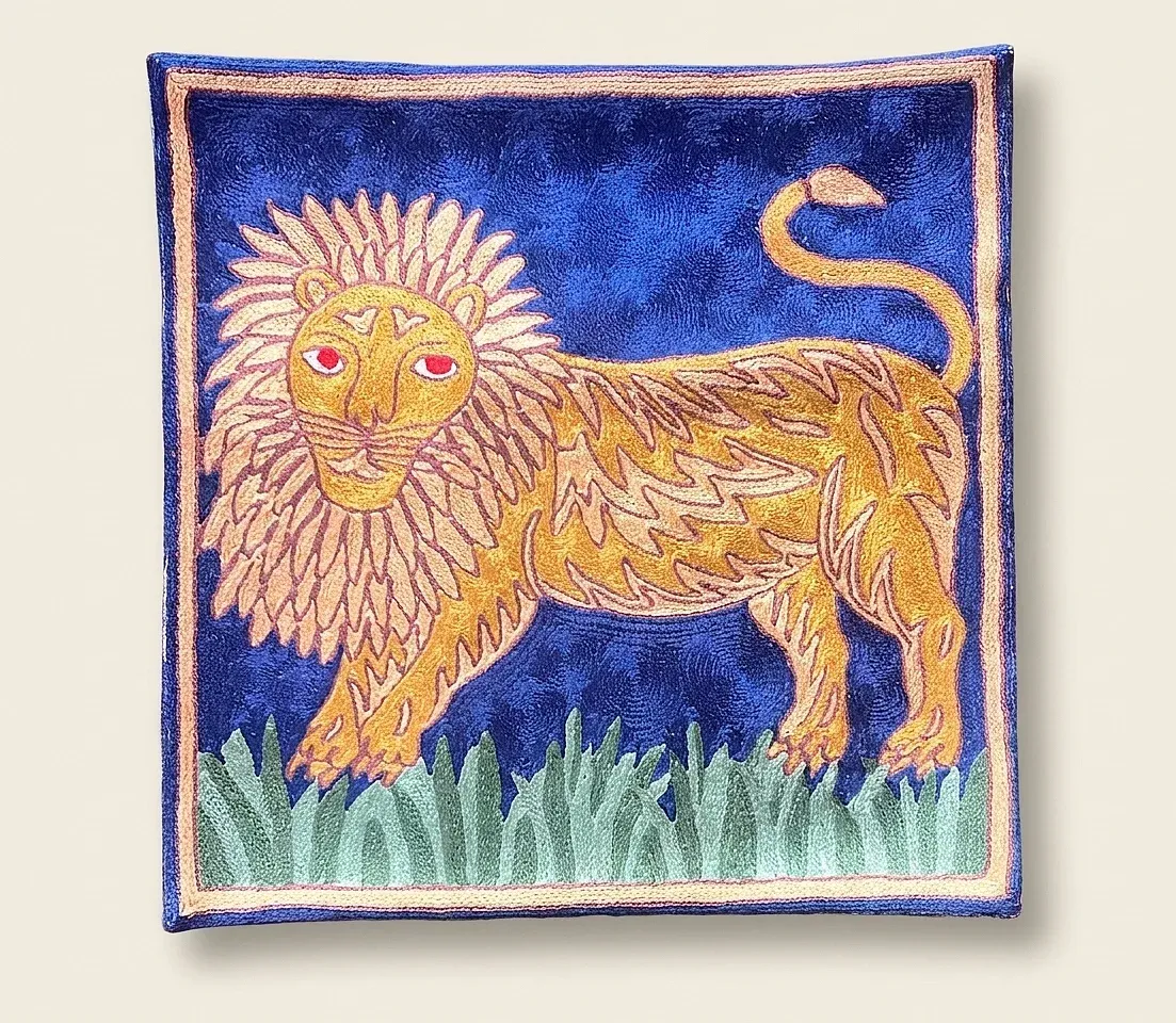 Folk Lion — hand-embroidered viscose silk tapestry by Aruha Atelier