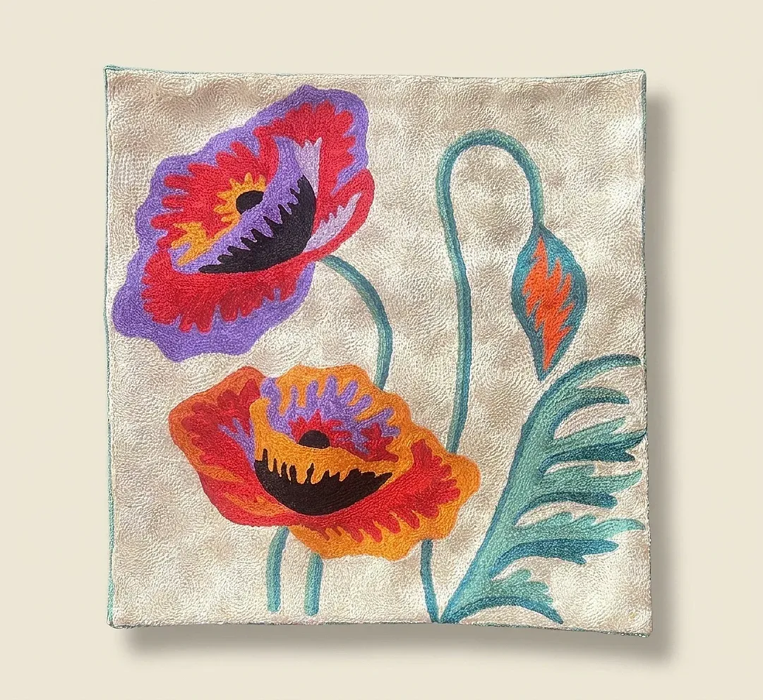 Poppies — hand-embroidered viscose silk tapestry by Aruha Atelier