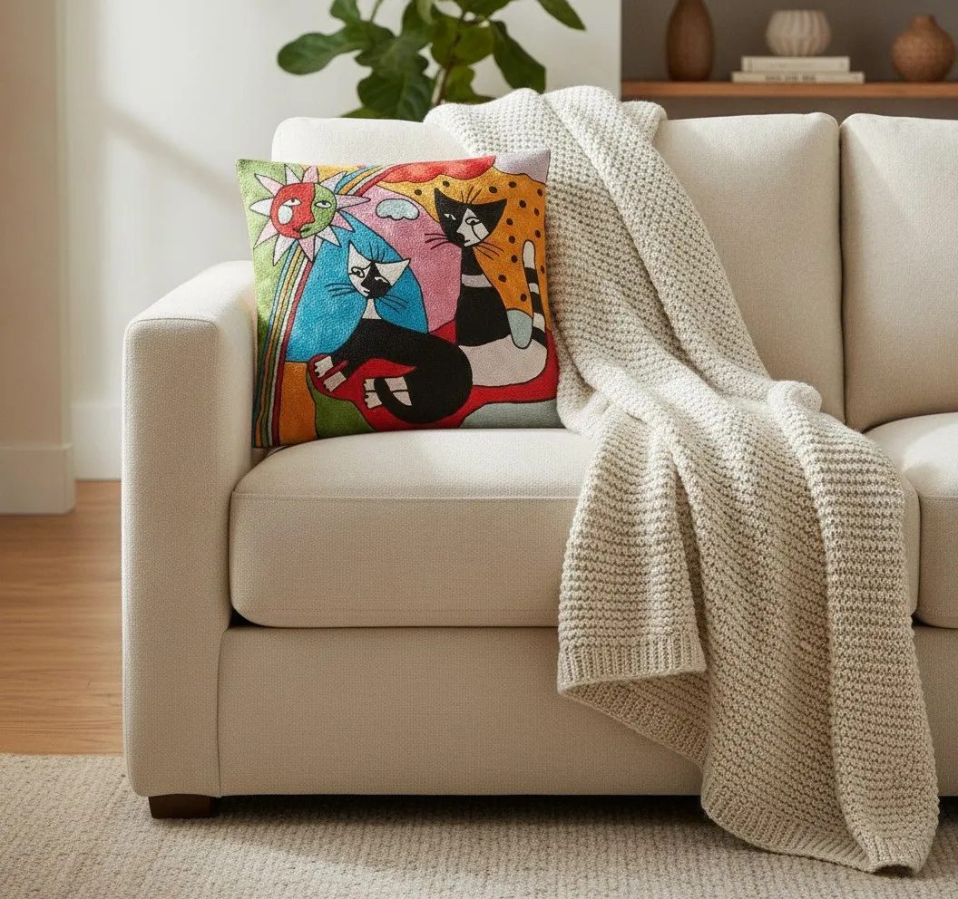 Cats & Heart — hand-embroidered viscose silk cushion cover by Aruha Atelier