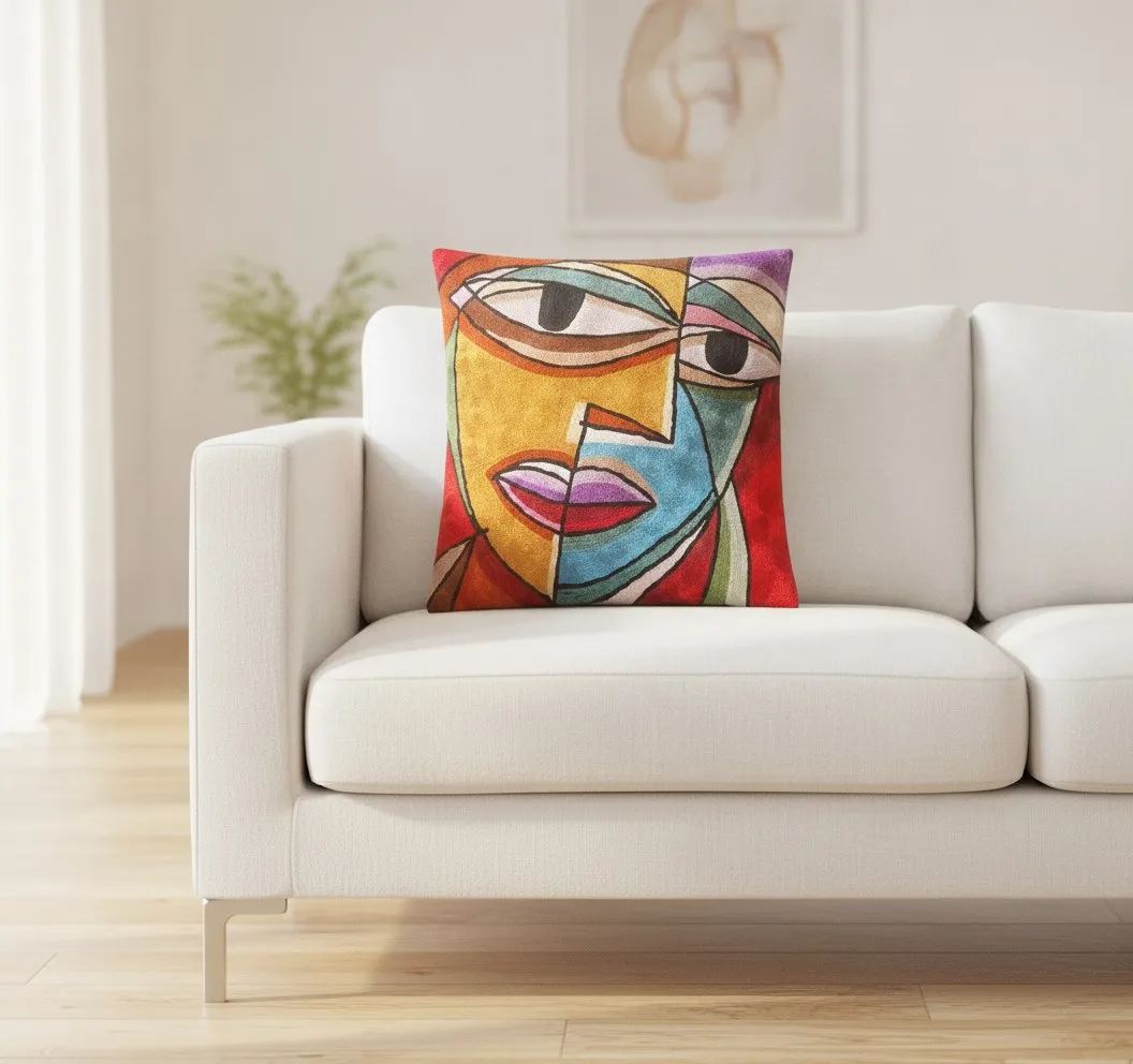 Cubist Face — hand-embroidered viscose silk cushion cover by Aruha Atelier