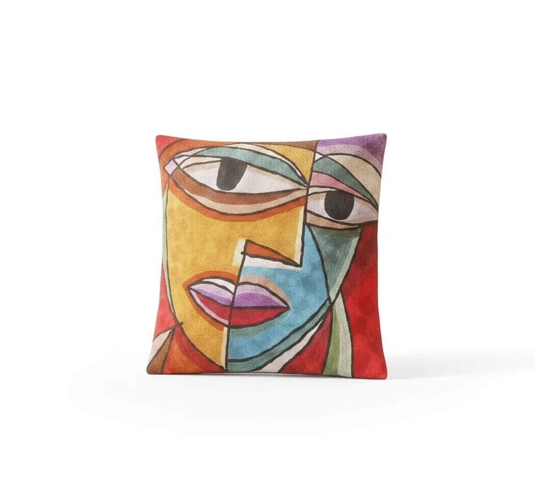 Cubist Face — hand-embroidered viscose silk cushion cover by Aruha Atelier