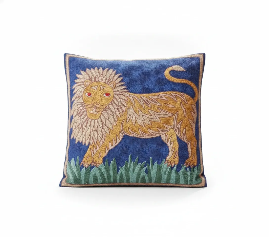 Folk Lion — hand-embroidered viscose silk cushion cover by Aruha Atelier
