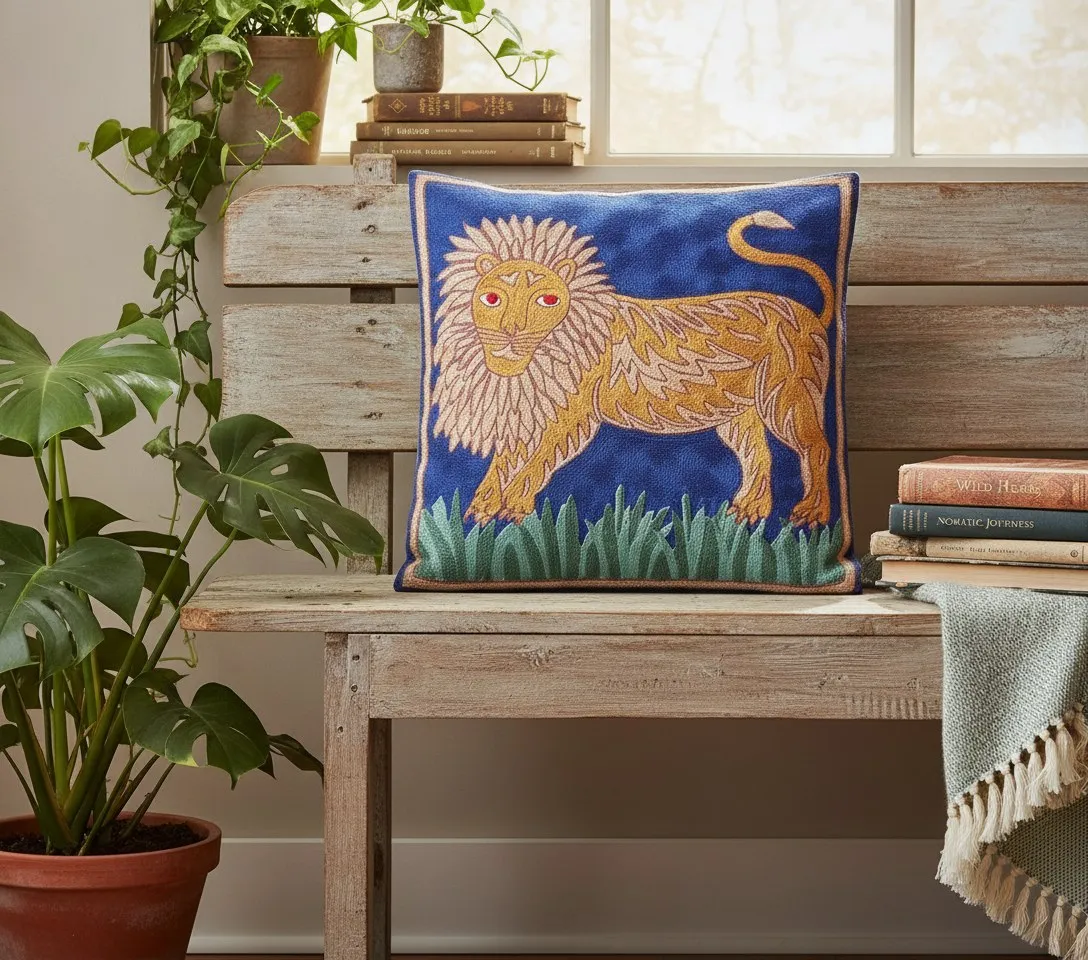 Folk Lion — hand-embroidered viscose silk cushion cover by Aruha Atelier