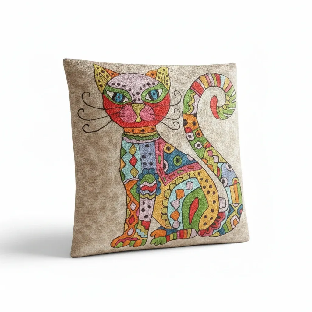 Paisley Cat — hand-embroidered viscose silk cushion cover by Aruha Atelier