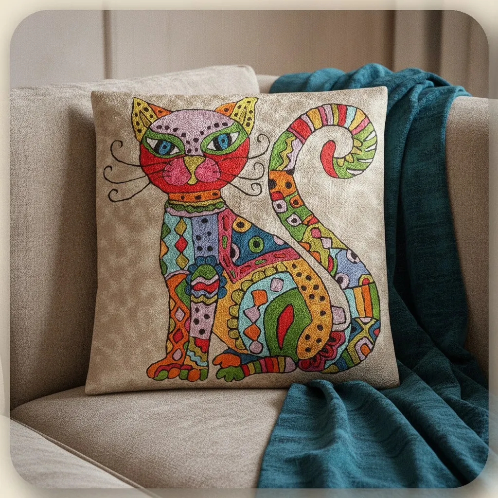 Paisley Cat — hand-embroidered viscose silk cushion cover by Aruha Atelier