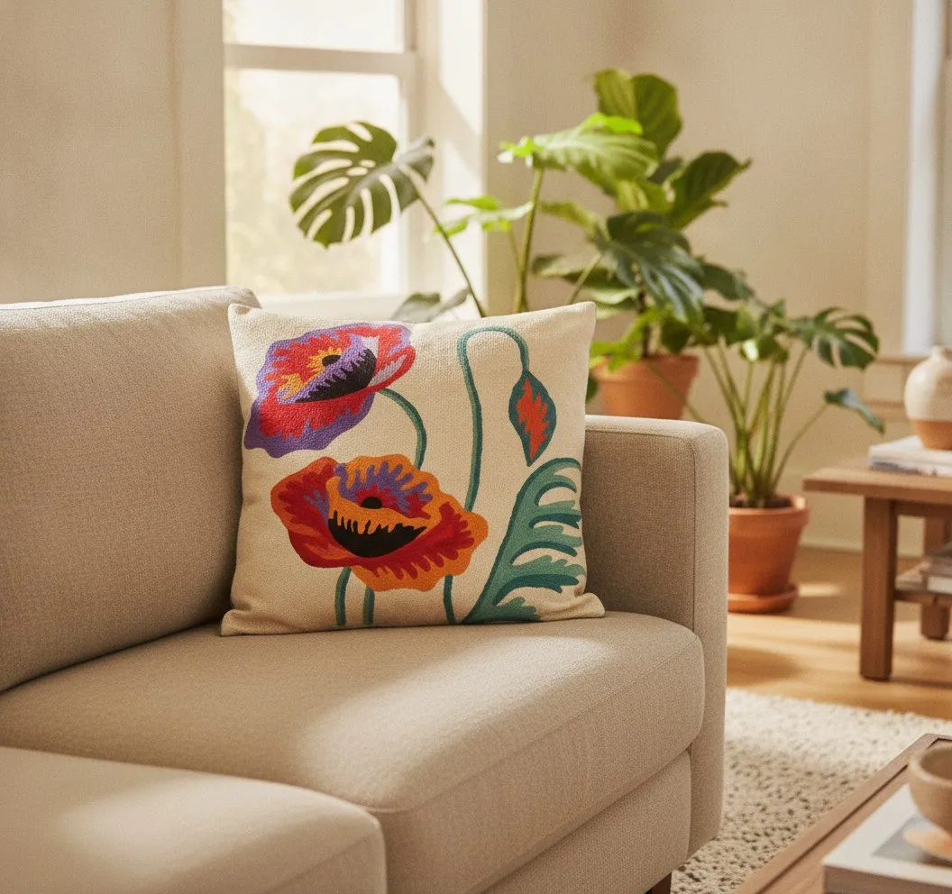 Poppies — hand-embroidered viscose silk cushion cover by Aruha Atelier