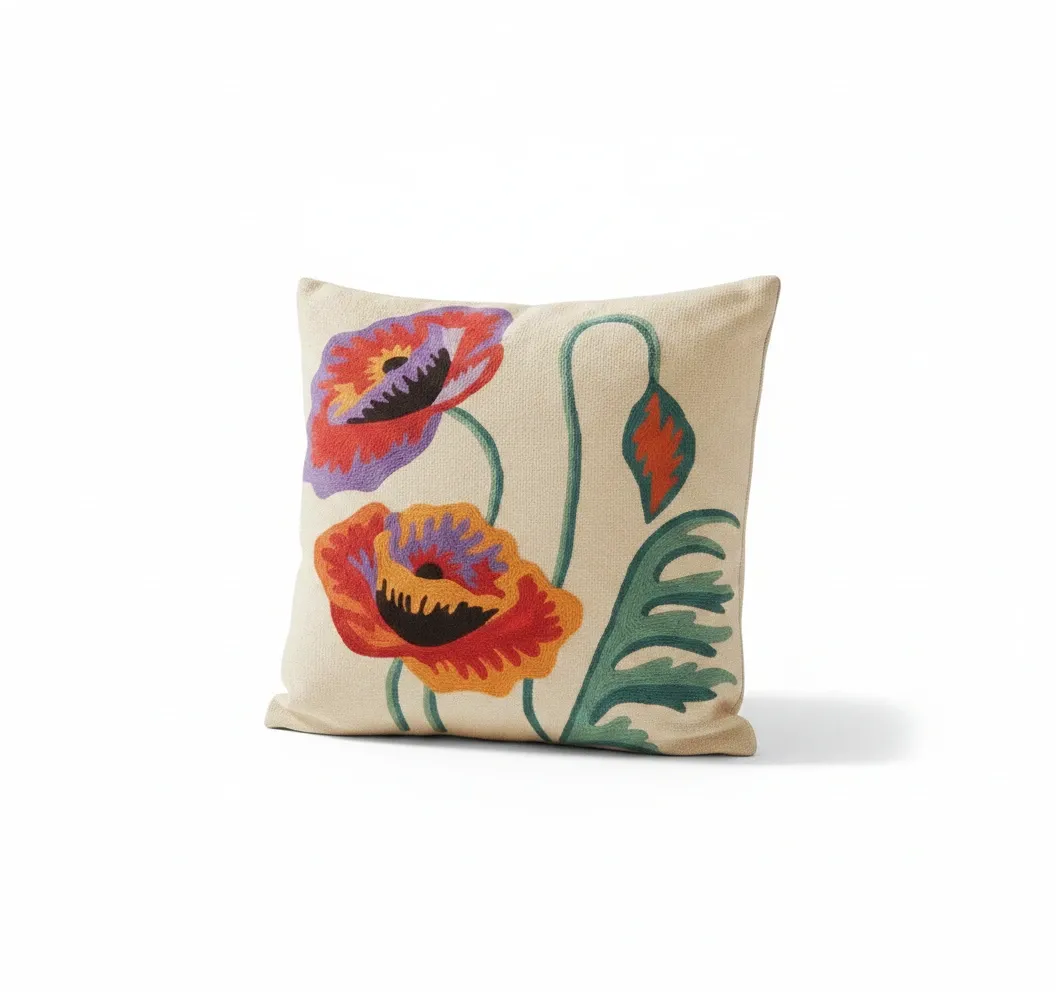 Poppies — hand-embroidered viscose silk cushion cover by Aruha Atelier