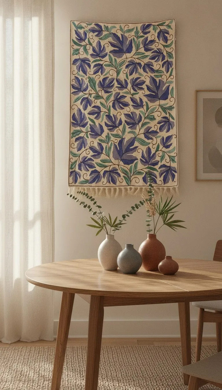Indigo Vines — hand-embroidered viscose silk tapestry by Aruha Atelier