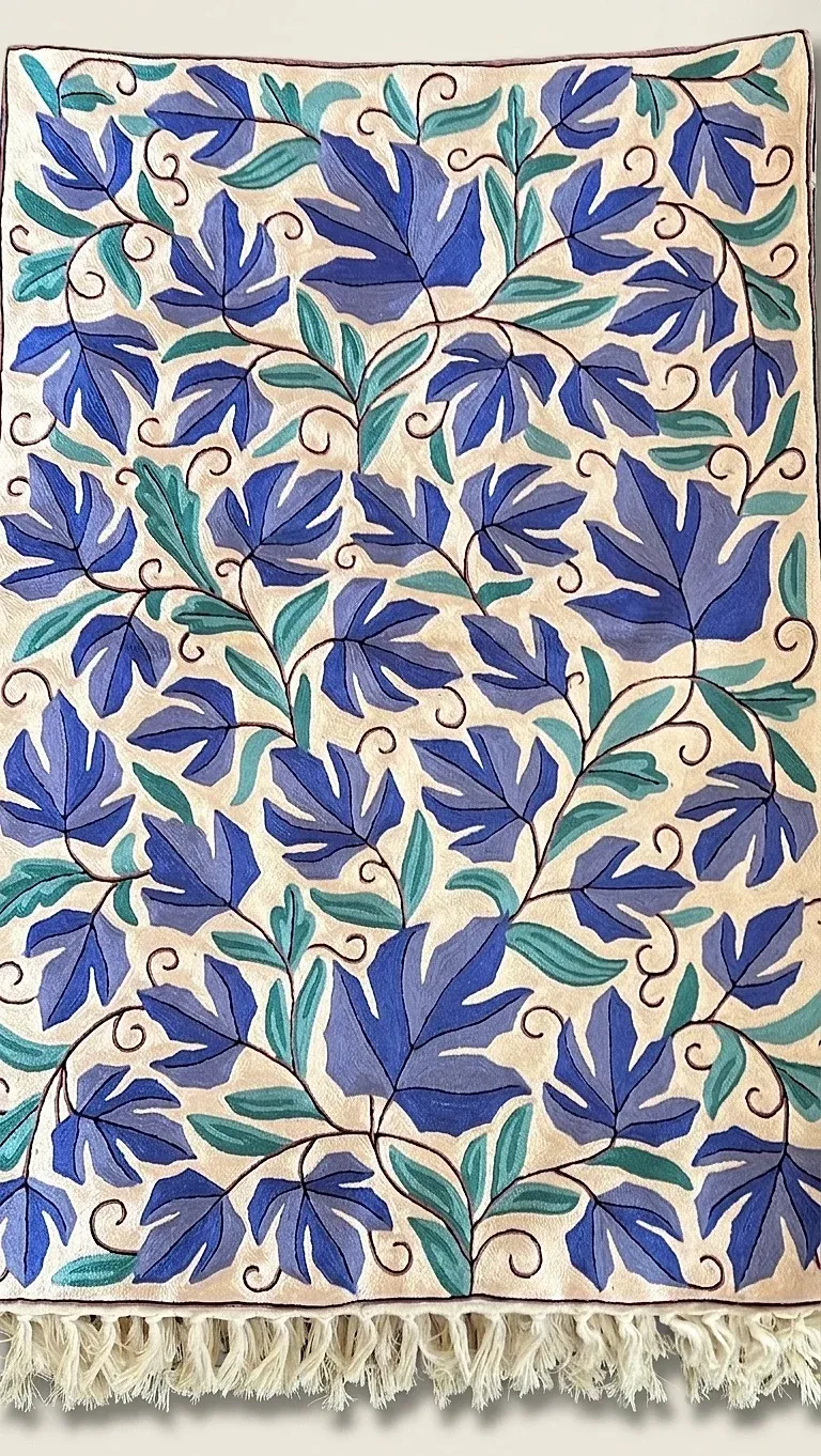Indigo Vines — hand-embroidered viscose silk wall tapestry by Aruha Atelier