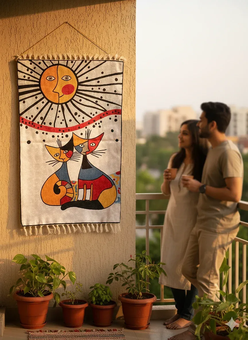 Tapestry hung on a sunlit balcony