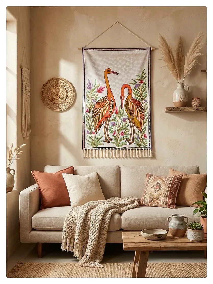 Cranes tapestry styled on a terracotta wall above a sofa