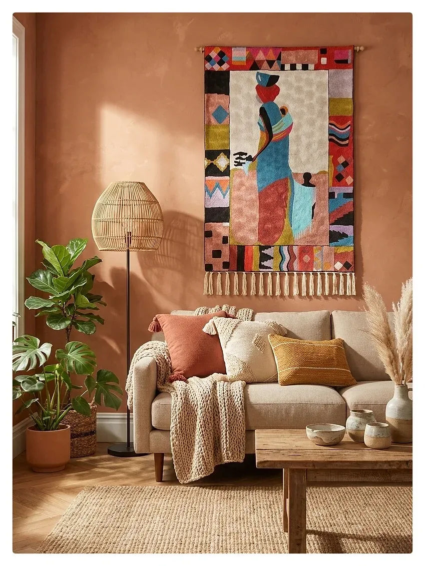 Figure tapestry styled on a terracotta wall in a warm interior