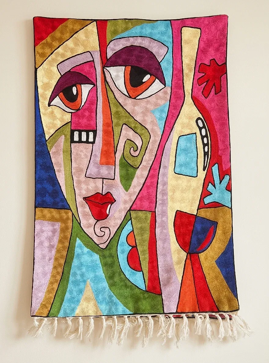 Many Faces — hand-embroidered viscose silk wall tapestry by Aruha Atelier