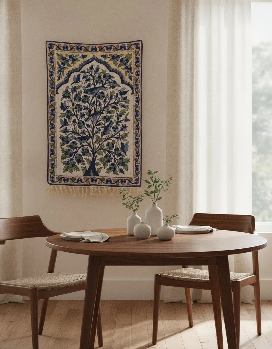 Indigo Mihrab — hand-embroidered viscose silk tapestry by Aruha Atelier