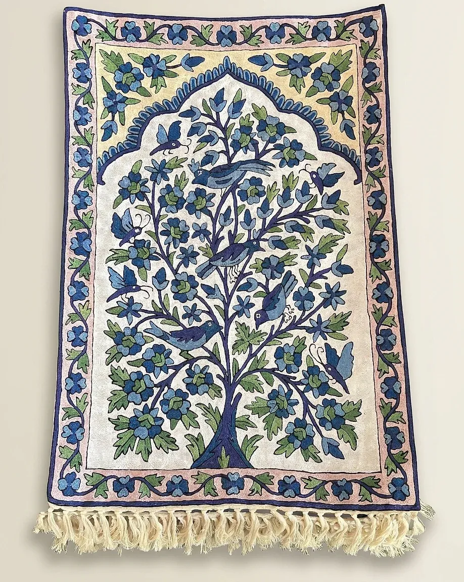 Indigo Mihrab — hand-embroidered viscose silk wall tapestry by Aruha Atelier