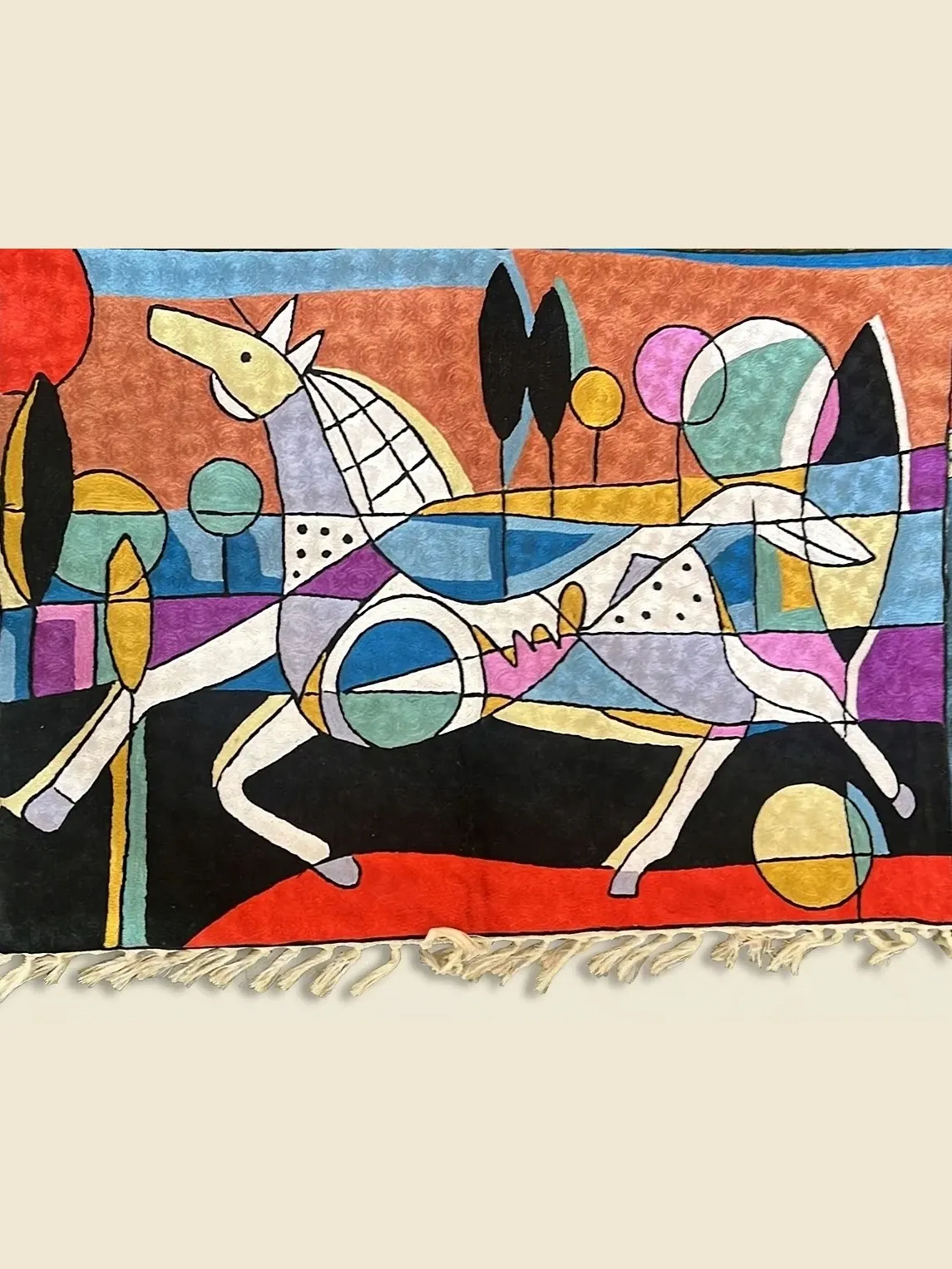 The Dancers — hand-embroidered viscose silk wall tapestry by Aruha Atelier