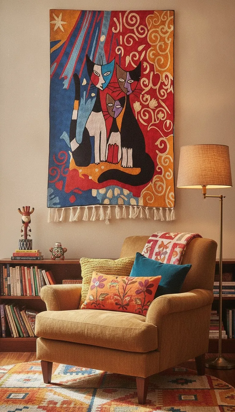Three Cats — hand-embroidered viscose silk tapestry by Aruha Atelier