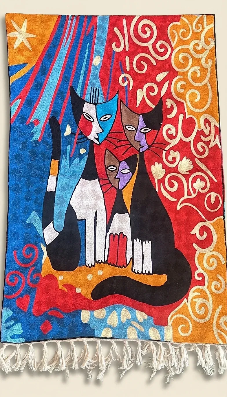 Three Cats — hand-embroidered viscose silk wall tapestry by Aruha Atelier