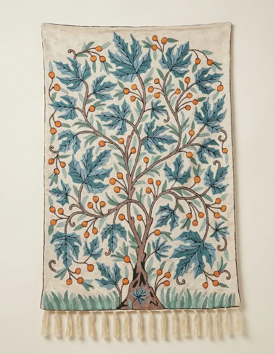 Tree of Life — Indigo — hand-embroidered viscose silk wall tapestry by Aruha Atelier