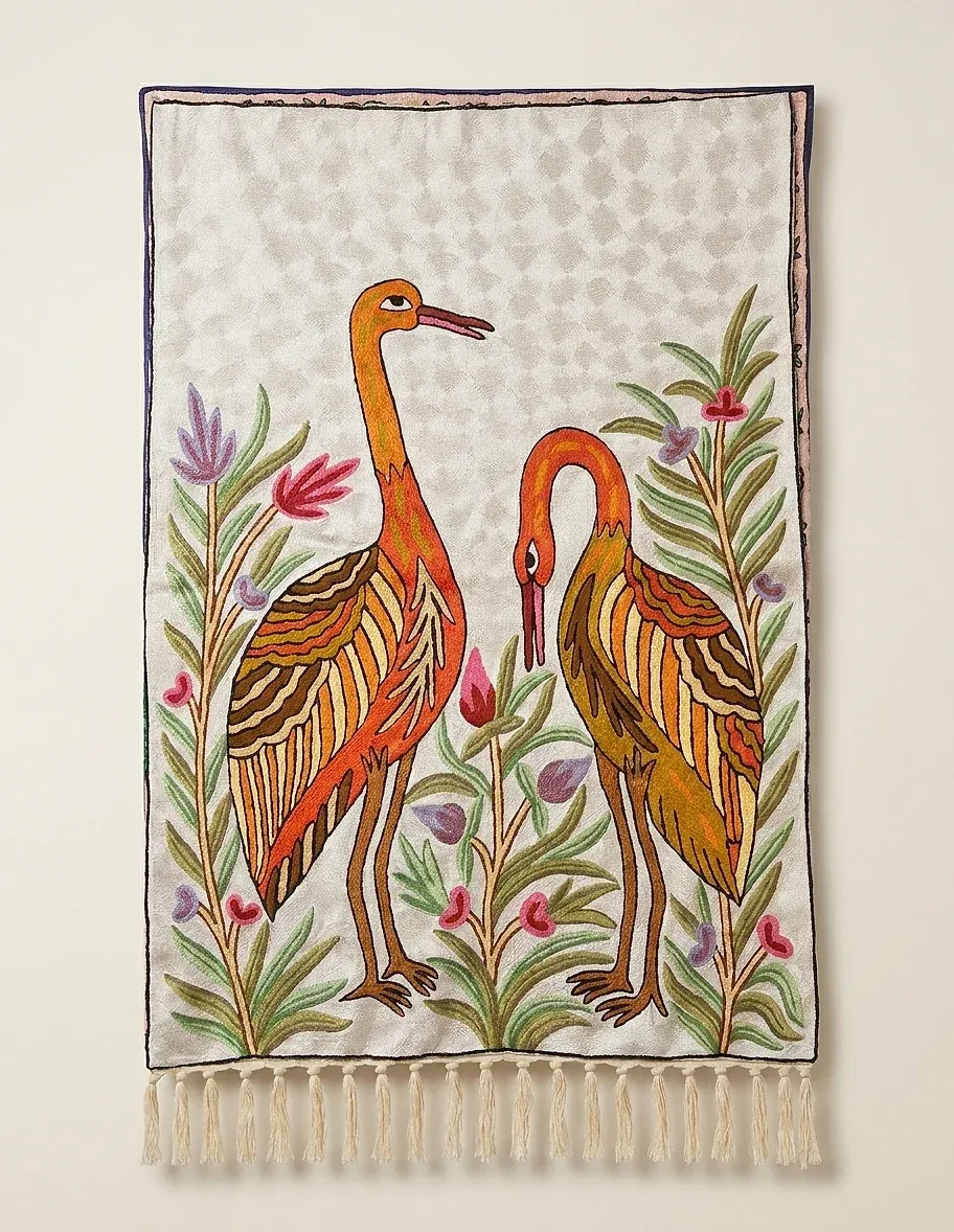 The Cranes — hand-embroidered viscose silk wall tapestry by Aruha Atelier