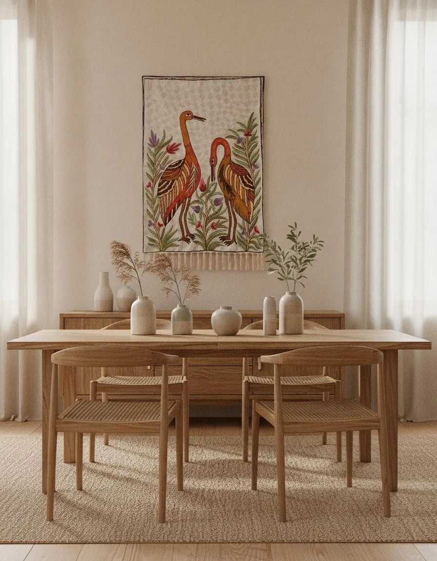 The Cranes — hand-embroidered viscose silk tapestry by Aruha Atelier