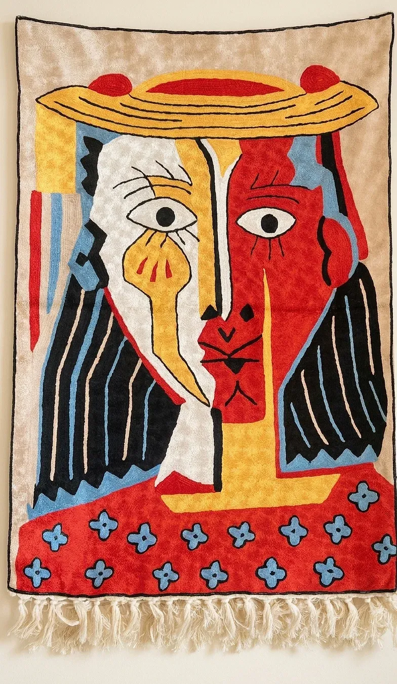 Two Faces — hand-embroidered viscose silk wall tapestry by Aruha Atelier